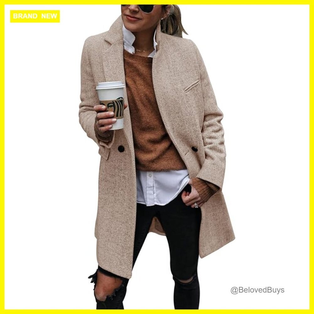 Long Trench Coat Peacoat Double Breasted Notch Lapel Winter Casual Blazer